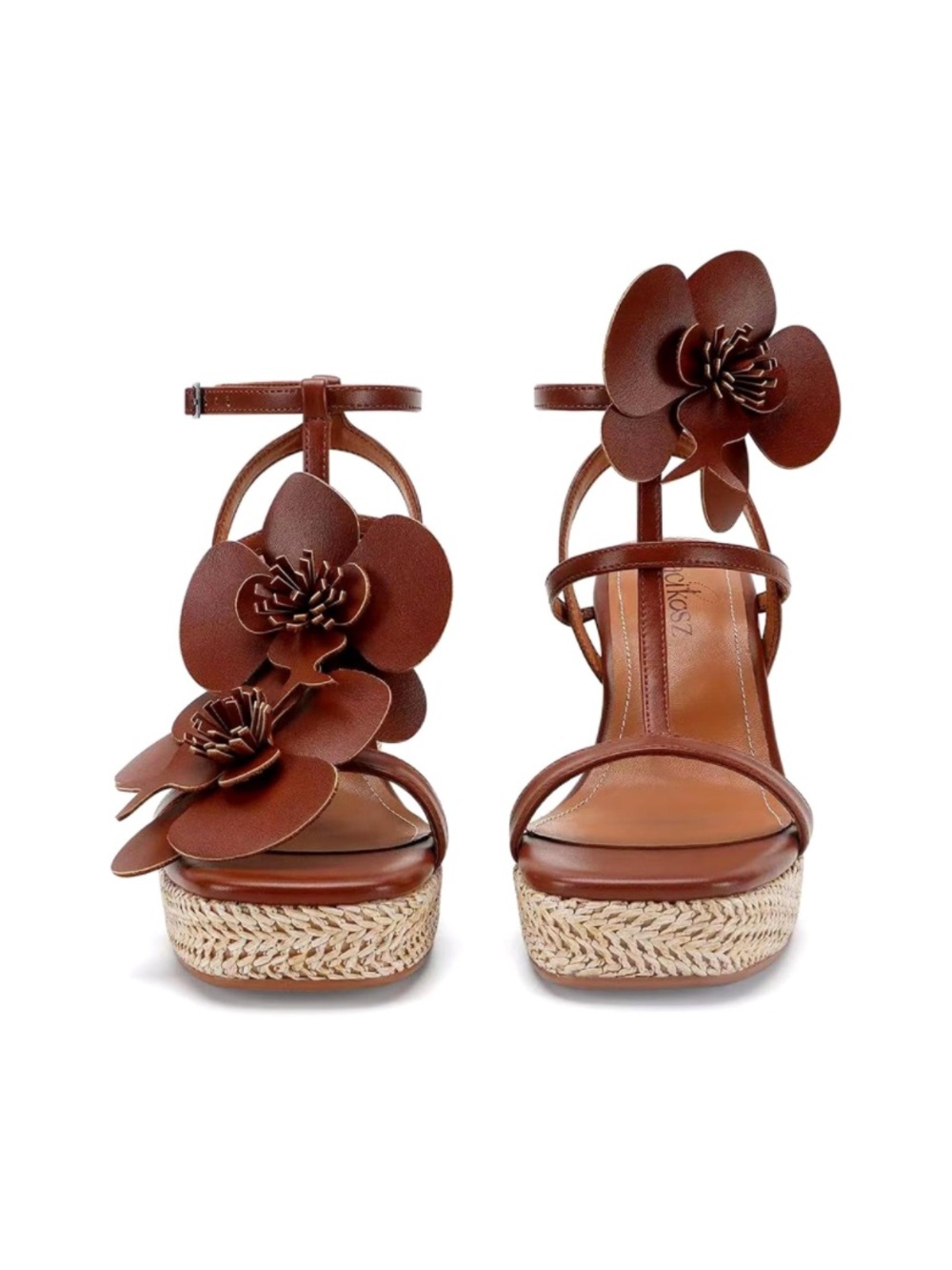 Brown Leather Floral Wedge Platform Sandals with Ankle Strap